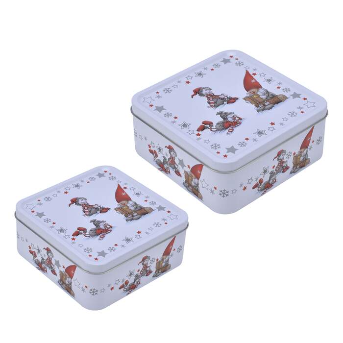 Sett med to bokser i tinn med julemotiv